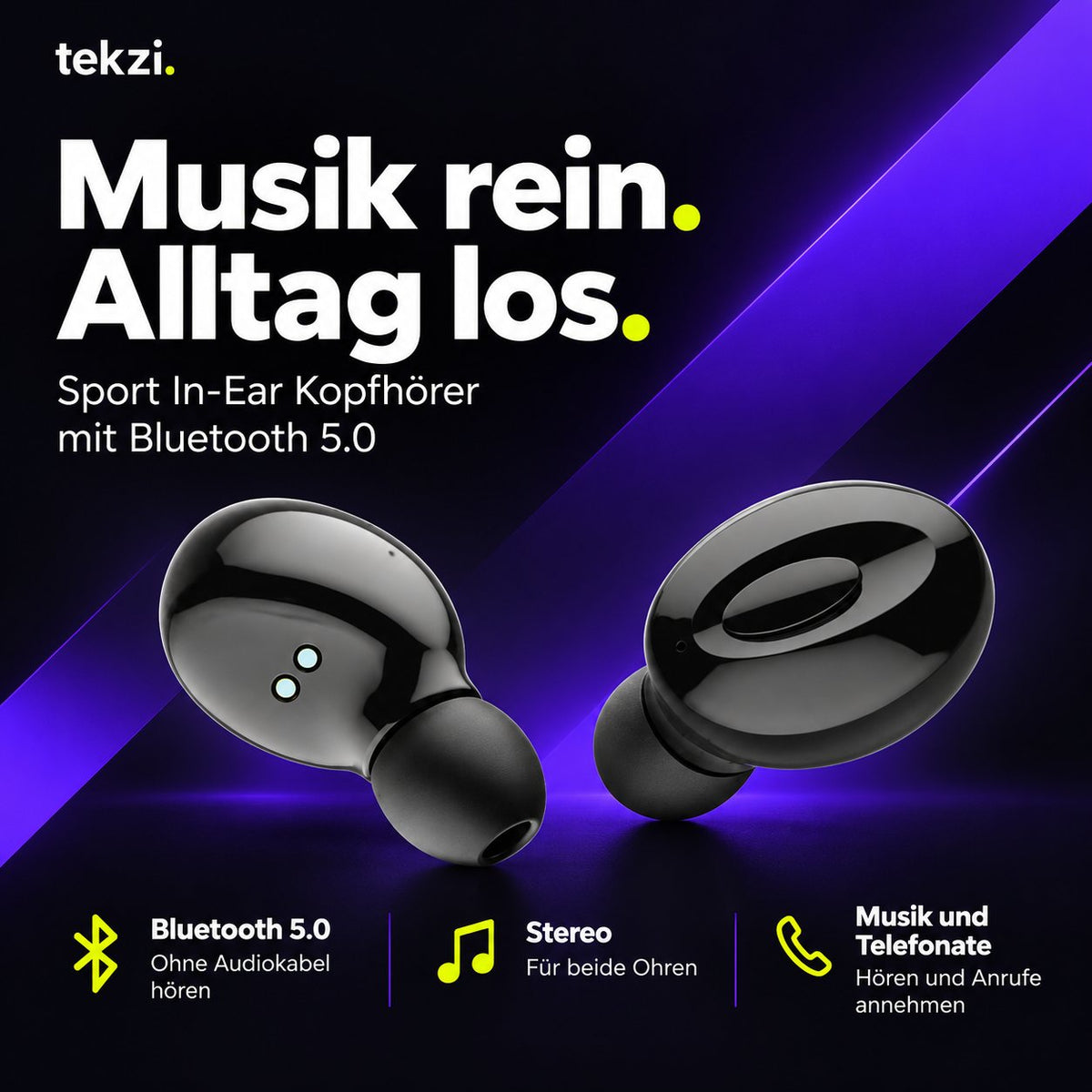 tekzi Kopfhörer Sport In-Ear mit Bluetooth 5.0 – Schwarz – Produktansicht 6 im TEKZI-Design
