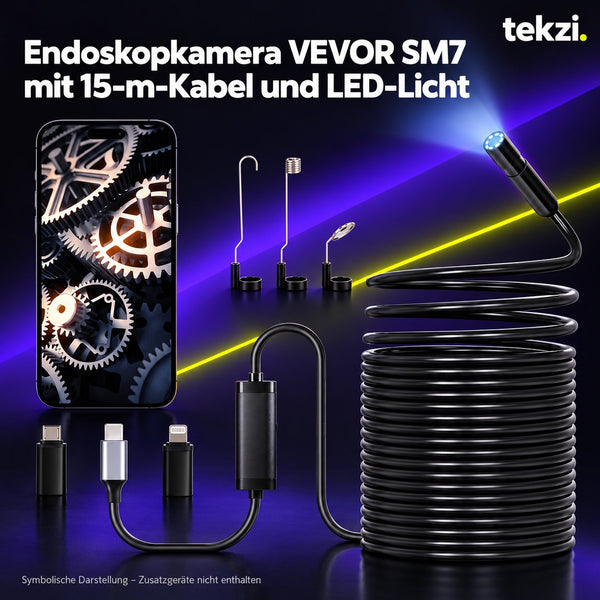 tekzi Endoskopkamera VEVOR SM7 mit 15-m-Kabel und LED-Licht – Ansicht 1 im TEKZI-Design