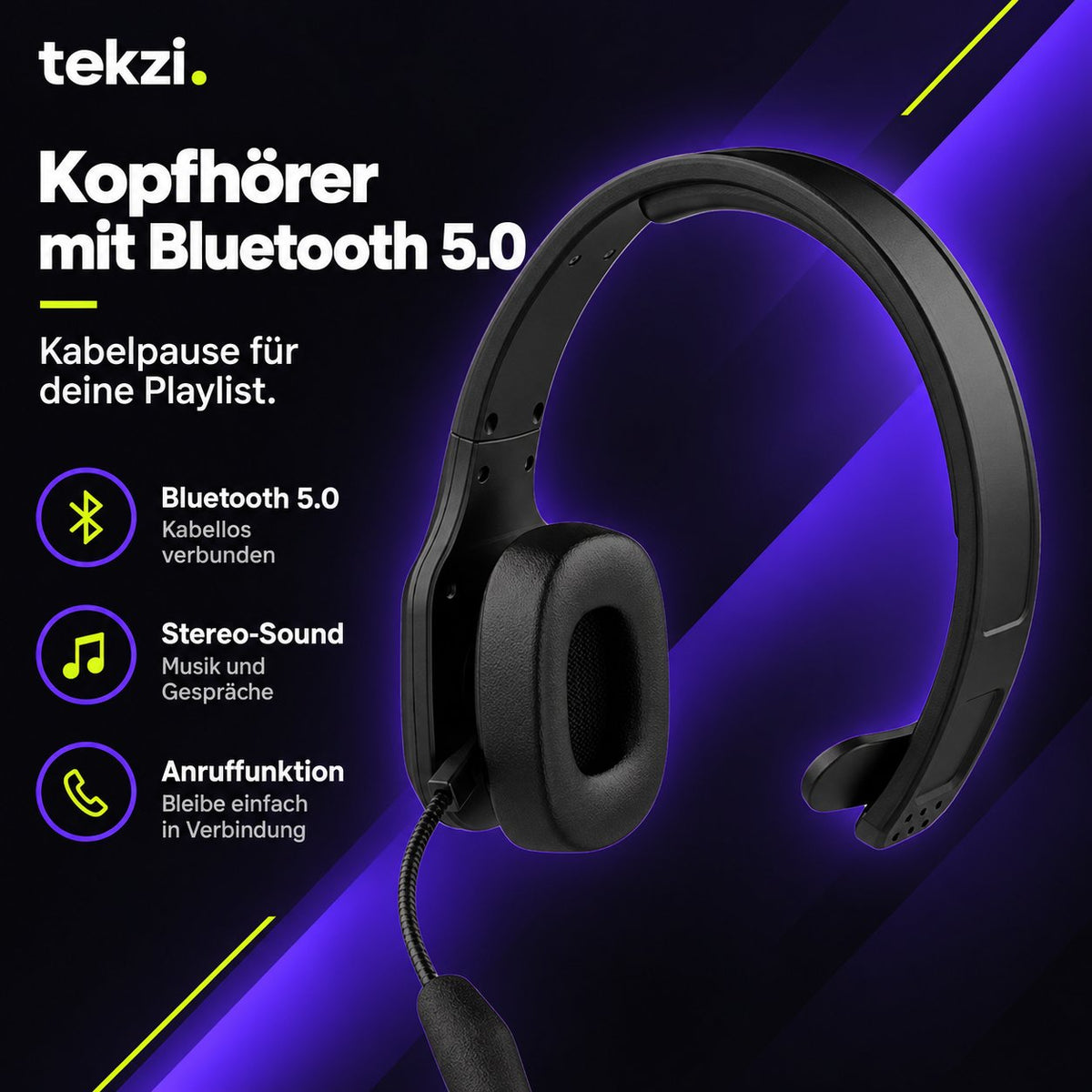 tekzi Kopfhörer mit Bluetooth 5.0 und Anruffunktion – Schwarz – Produktansicht 5 im TEKZI-Design