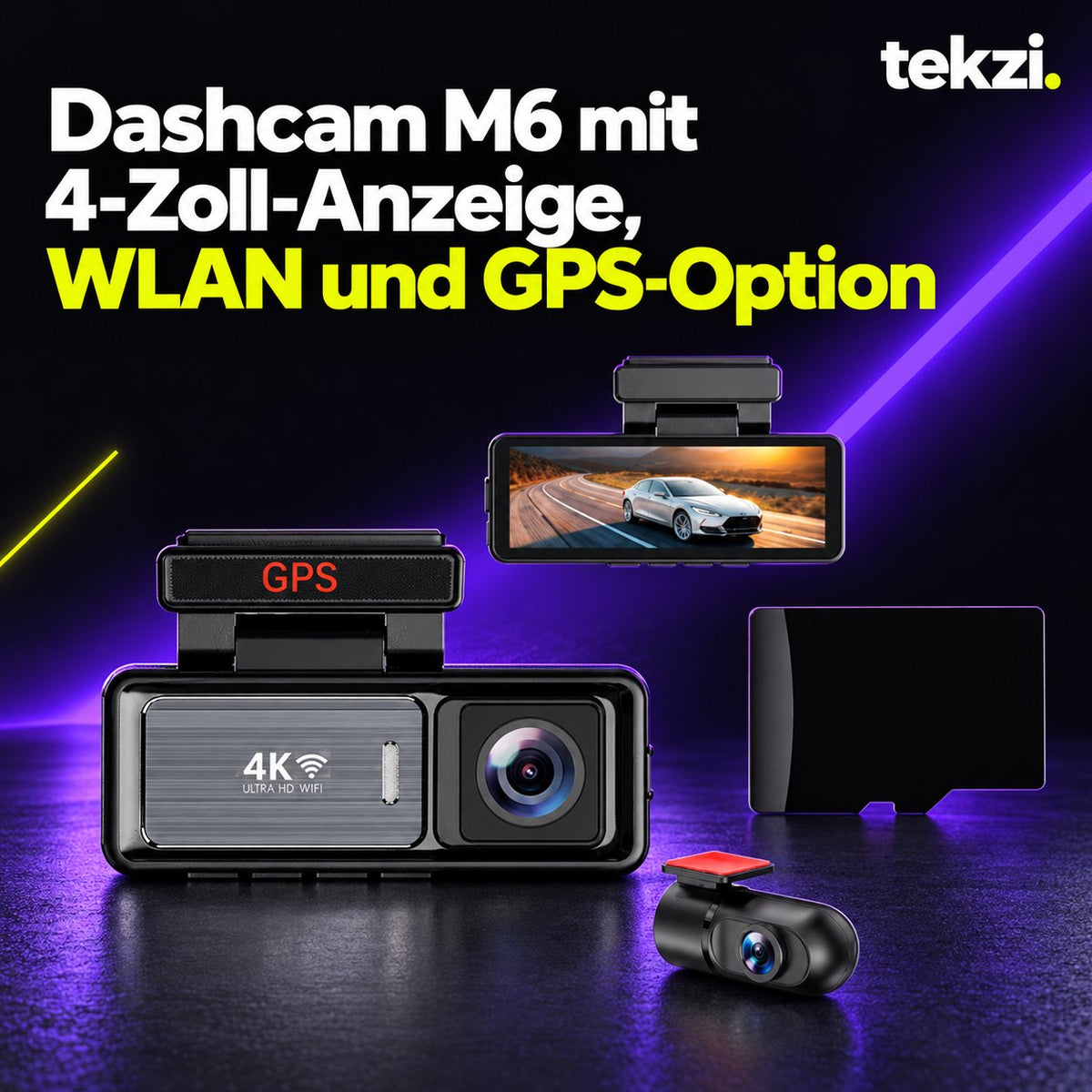 tekzi Dashcam M6 mit 4-Zoll-Anzeige, WLAN und GPS-Option – Ansicht 8 im TEKZI-Design