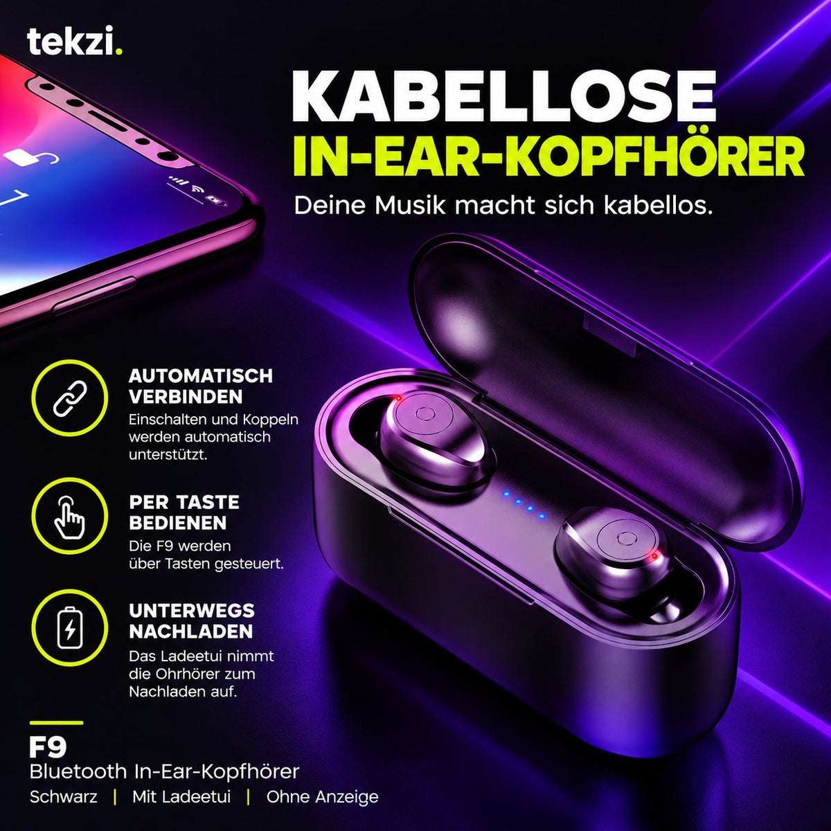 tekzi Kopfhörer F9 In-Ear mit Bluetooth und Ladecase – Schwarz – Produktansicht 5 im TEKZI-Design