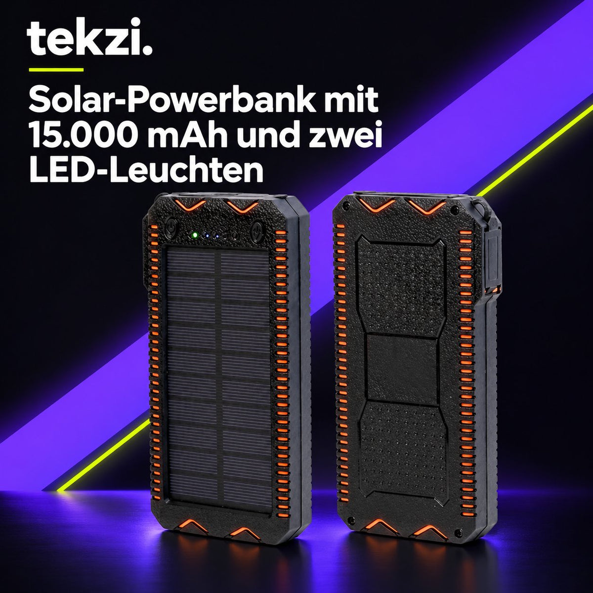 tekzi Solar-Powerbank mit 15.000 mAh und zwei LED-Leuchten – Ansicht 12 im TEKZI-Design