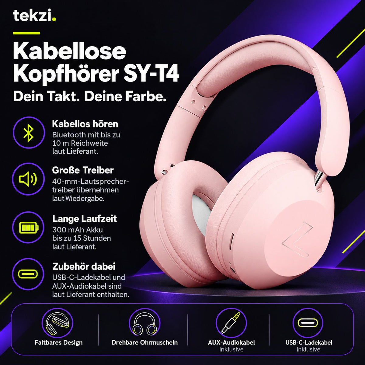 tekzi Kopfhörer SY-T4 mit Bluetooth und 40-mm-Treibern – Produktansicht 7 im TEKZI-Design