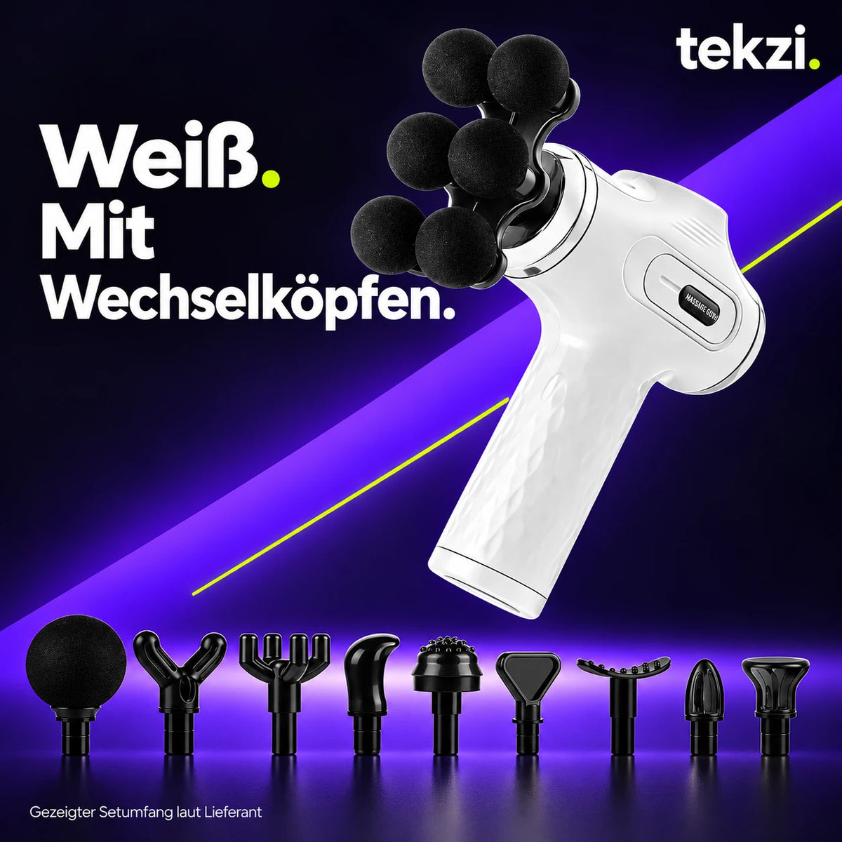 Weiße foreverlily Mini-Massagepistole mit montiertem Sechskugelkopf und neun weiteren Aufsätzen laut Lieferant, TEKZI-Design