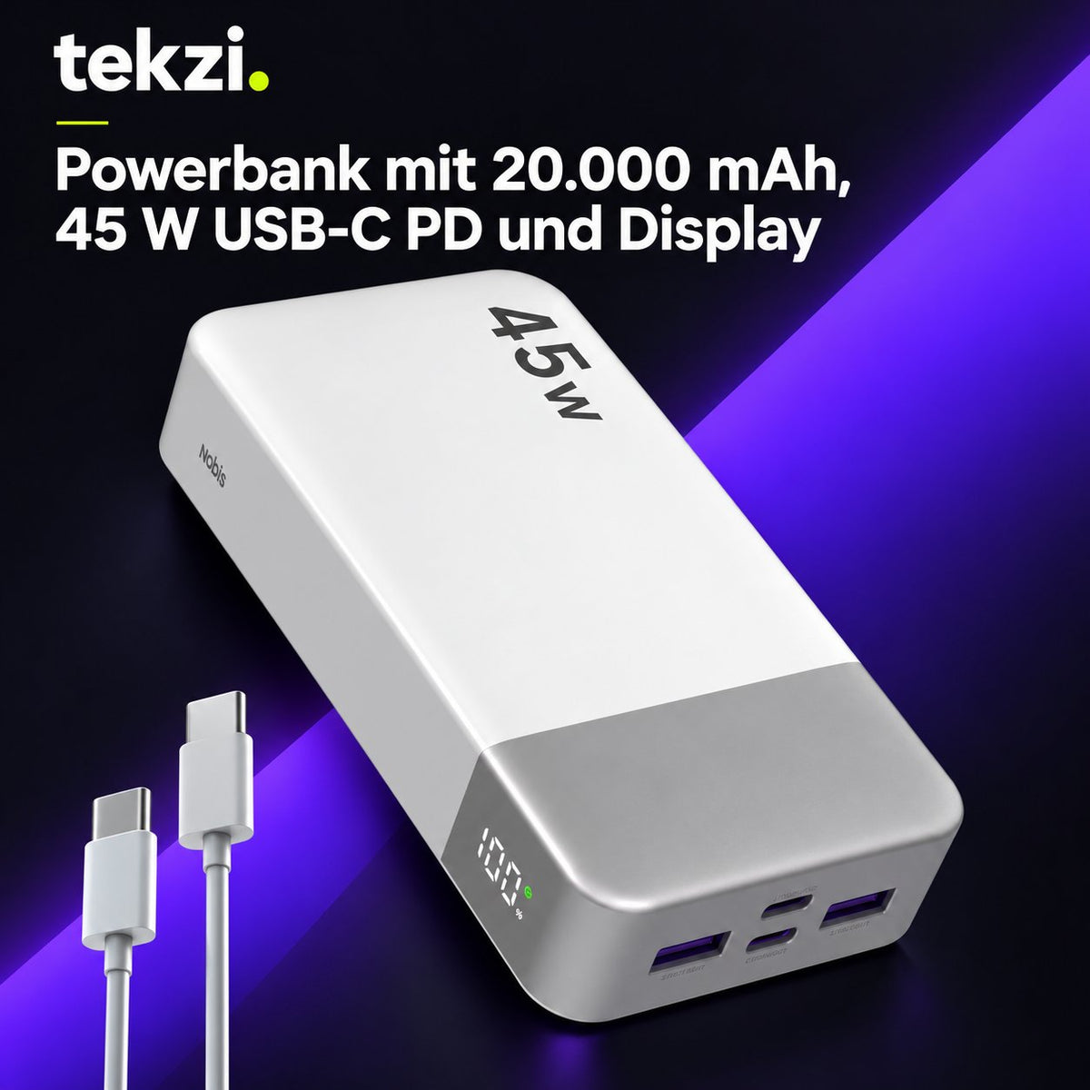 tekzi Powerbank mit 20.000 mAh, 45 W USB-C PD und Display – Ansicht 14 im TEKZI-Design
