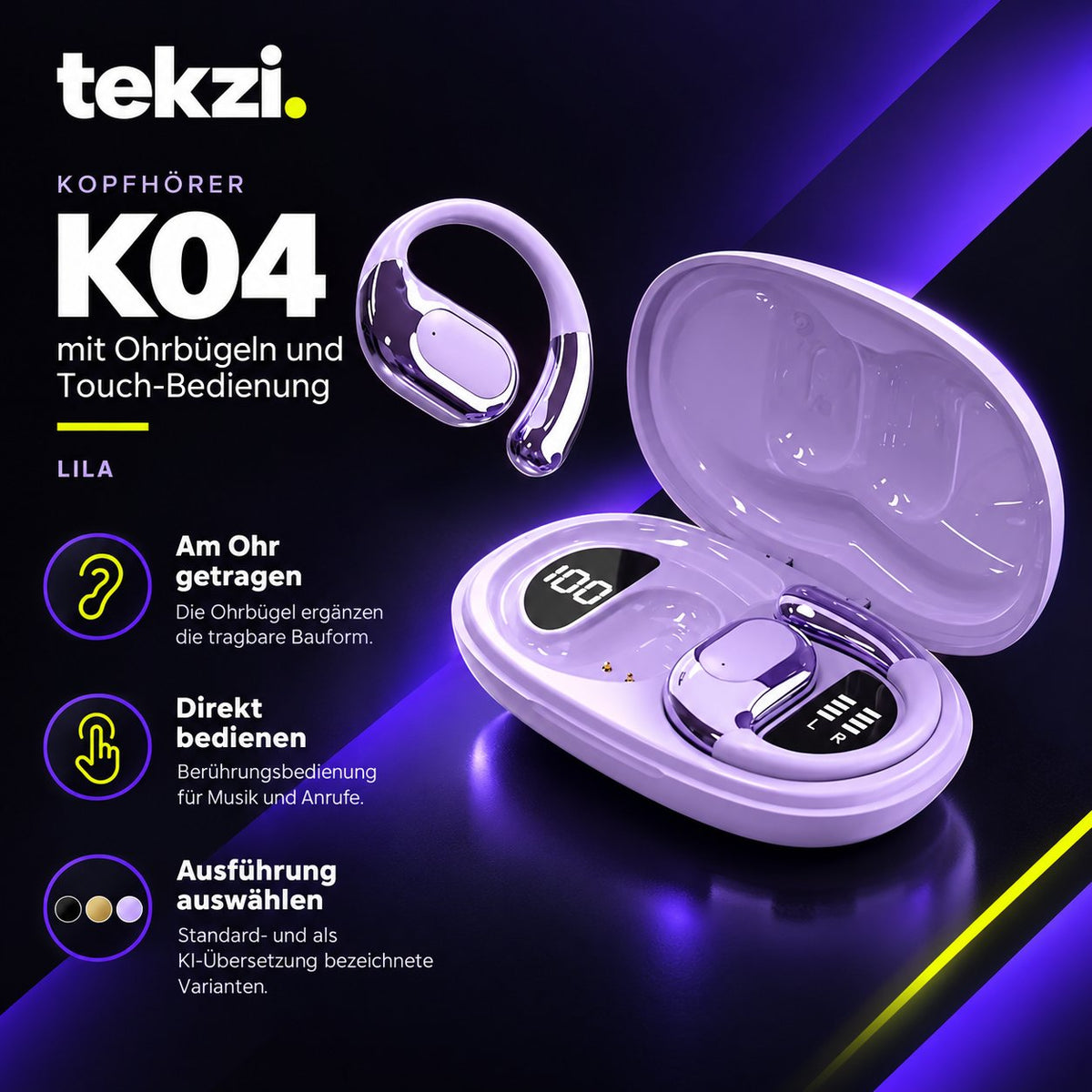 tekzi Kopfhörer K04 mit Ohrbügeln und Touch-Bedienung – Produktansicht 5 im TEKZI-Design