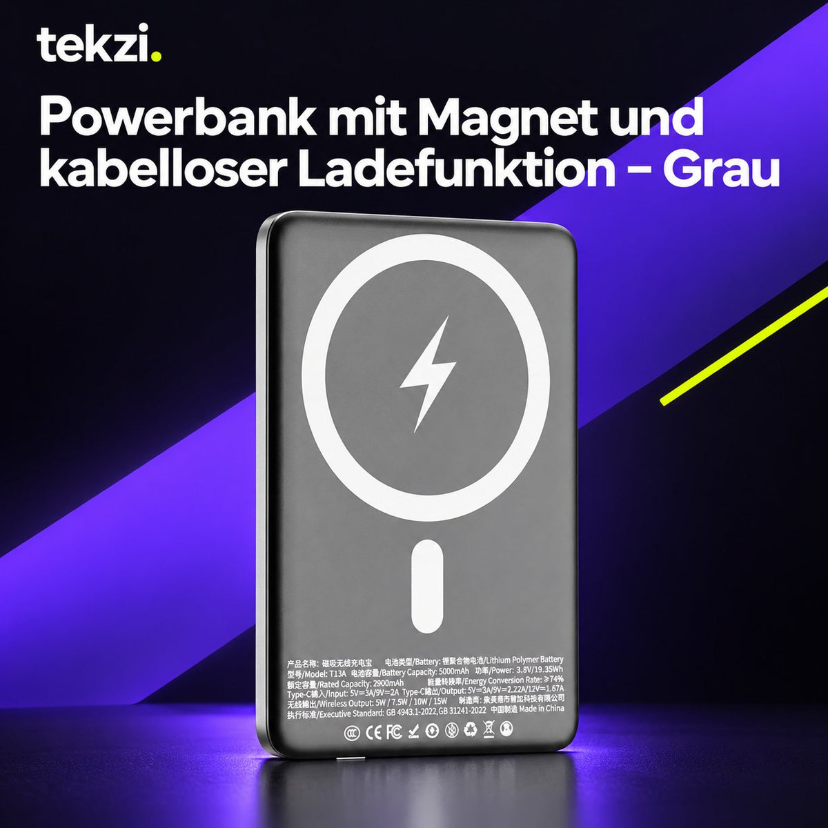 tekzi Powerbank mit Magnet und kabelloser Ladefunktion – Grau – Ansicht 7 im TEKZI-Design