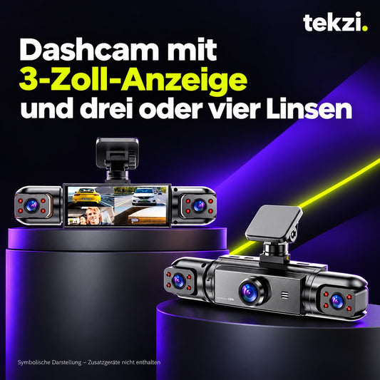 tekzi Dashcam mit 3-Zoll-Anzeige und drei oder vier Linsen – Ansicht 1 im TEKZI-Design