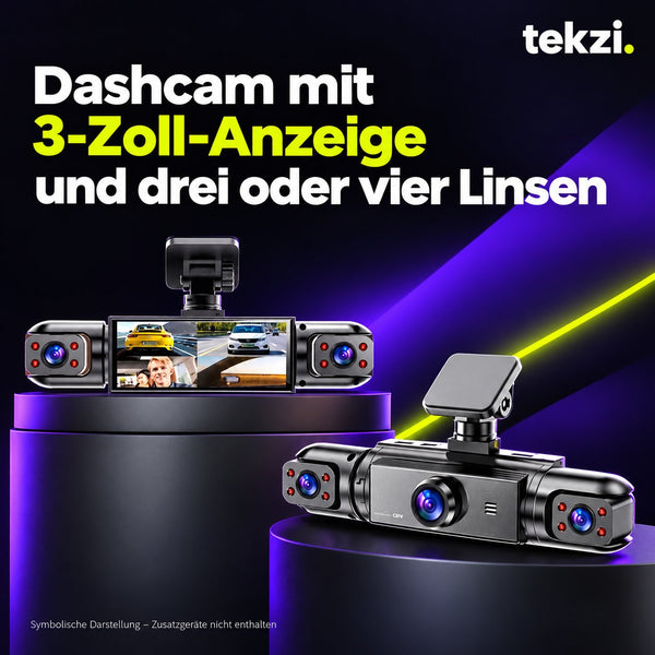 tekzi Dashcam mit 3-Zoll-Anzeige und drei oder vier Linsen – Ansicht 1 im TEKZI-Design