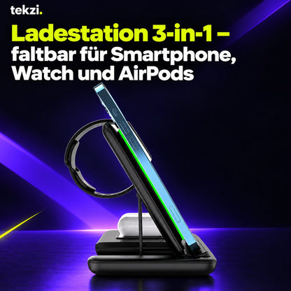 tekzi Ladestation 3-in-1 – faltbar für Smartphone, Watch und AirPods – Ansicht 4 im TEKZI-Design