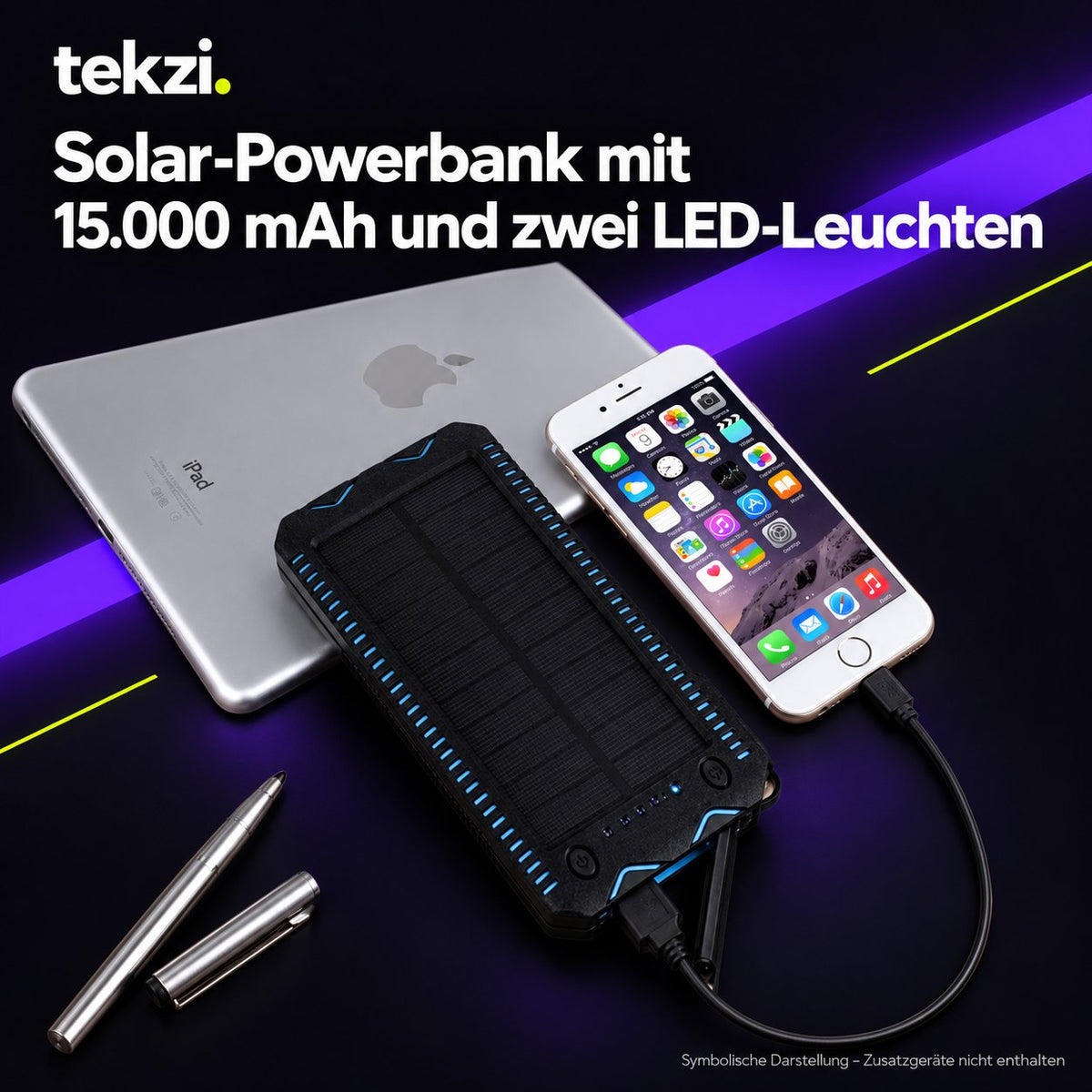 tekzi Solar-Powerbank mit 15.000 mAh und zwei LED-Leuchten – Ansicht 8 im TEKZI-Design