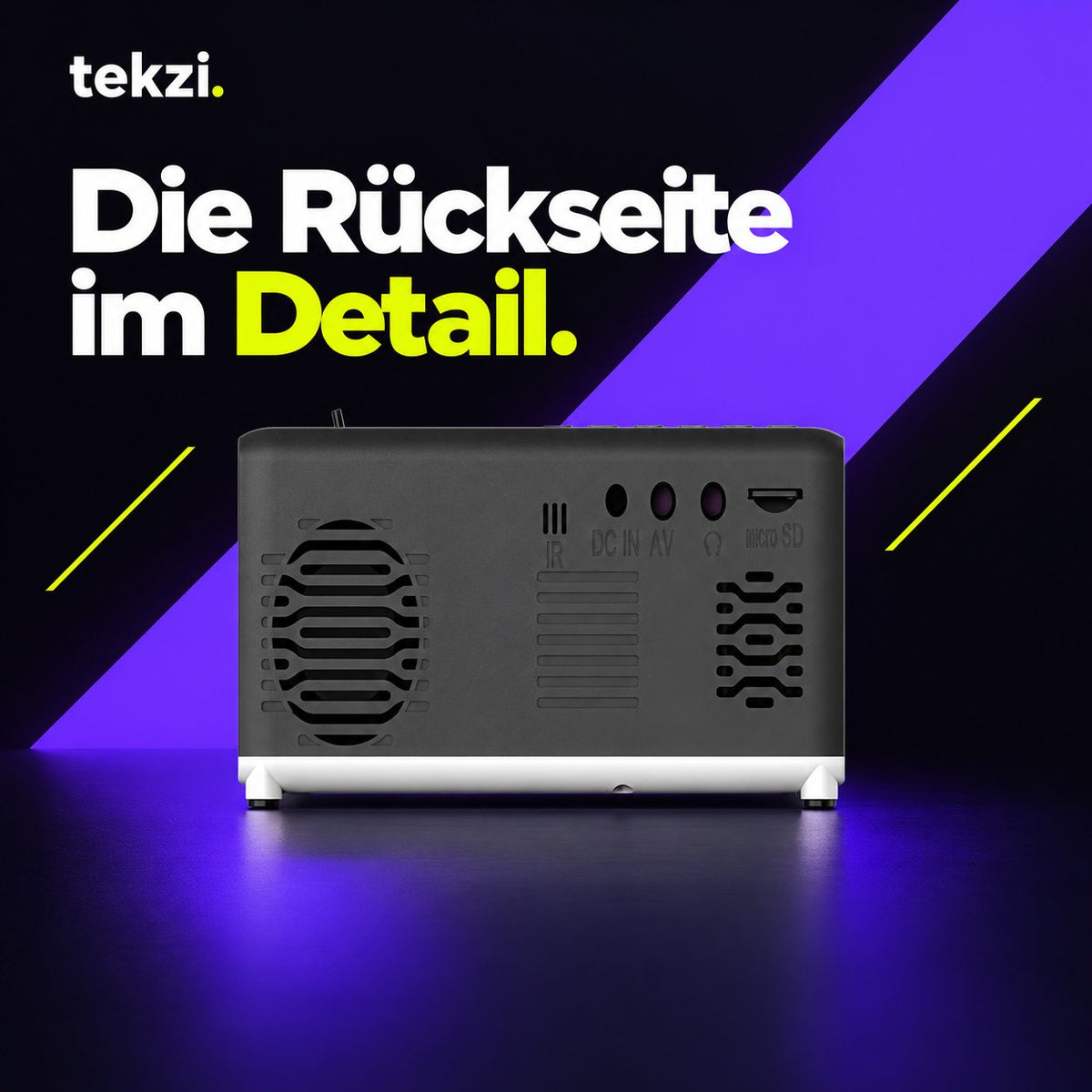 Schwarze YG300-Rückseite mit Anschlussdetails – TEKZI