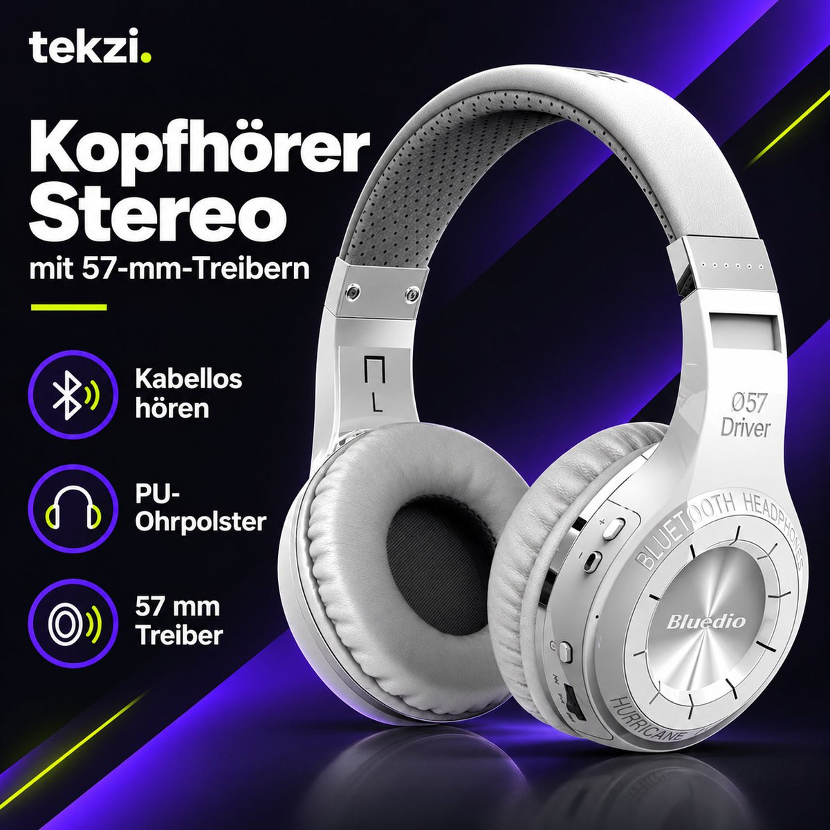 tekzi Kopfhörer Stereo mit 57-mm-Treibern – Weiß – Produktansicht 2 im TEKZI-Design