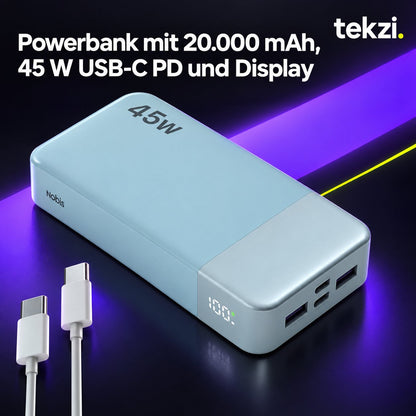 tekzi Powerbank mit 20.000 mAh, 45 W USB-C PD und Display – Ansicht 1 im TEKZI-Design
