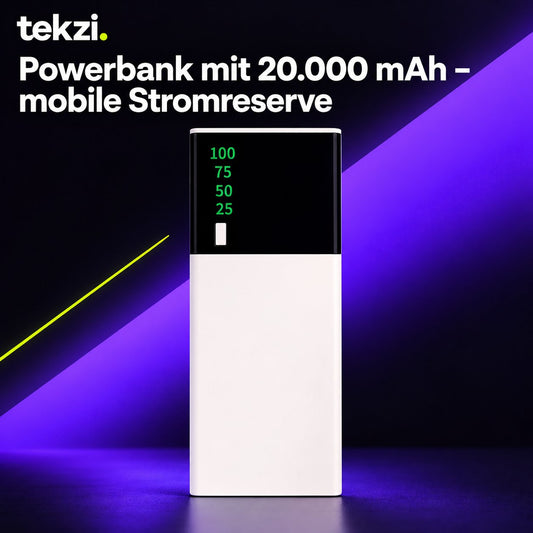 tekzi Powerbank mit 20.000 mAh – mobile Stromreserve – Ansicht 1 im TEKZI-Design