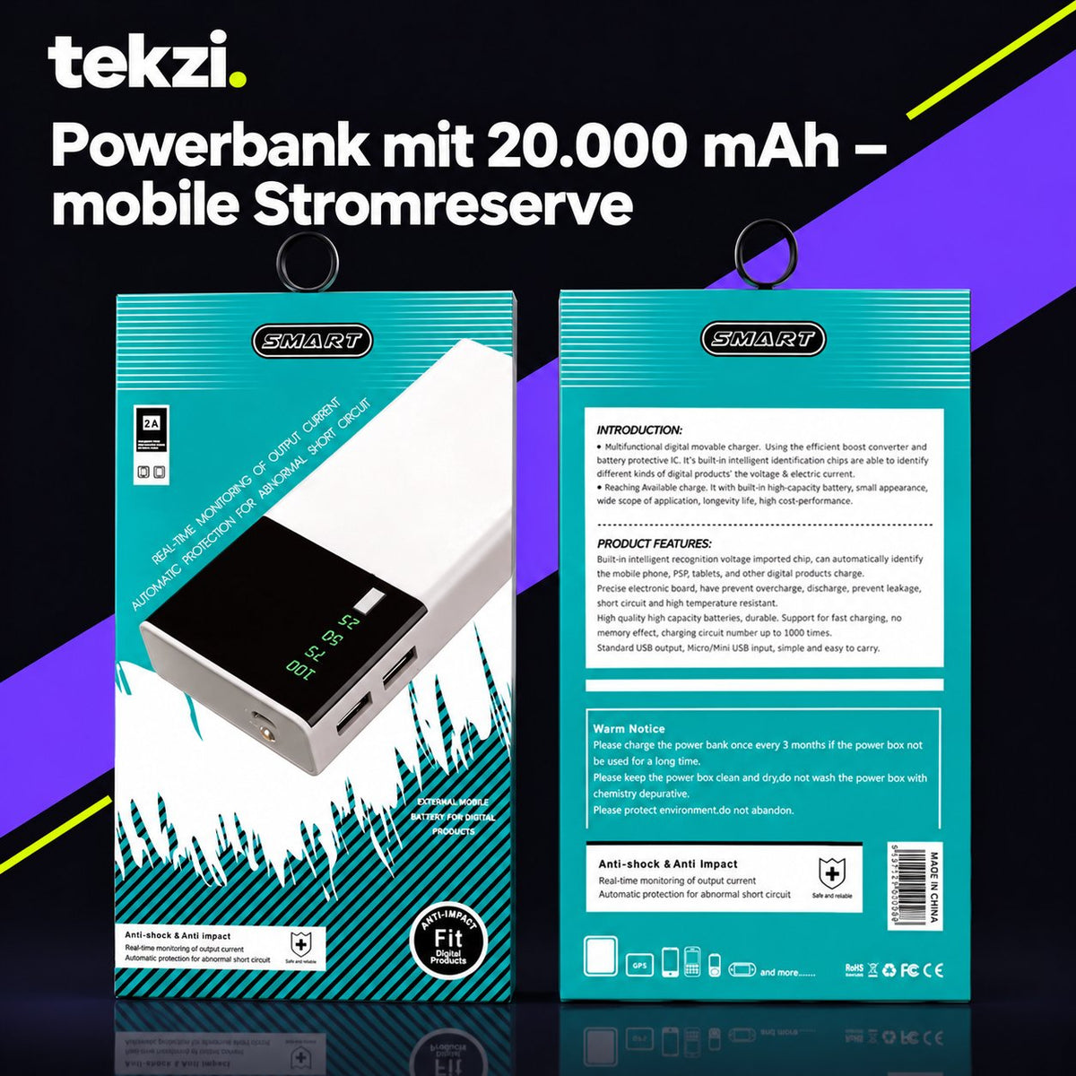 tekzi Powerbank mit 20.000 mAh – mobile Stromreserve – Ansicht 7 im TEKZI-Design