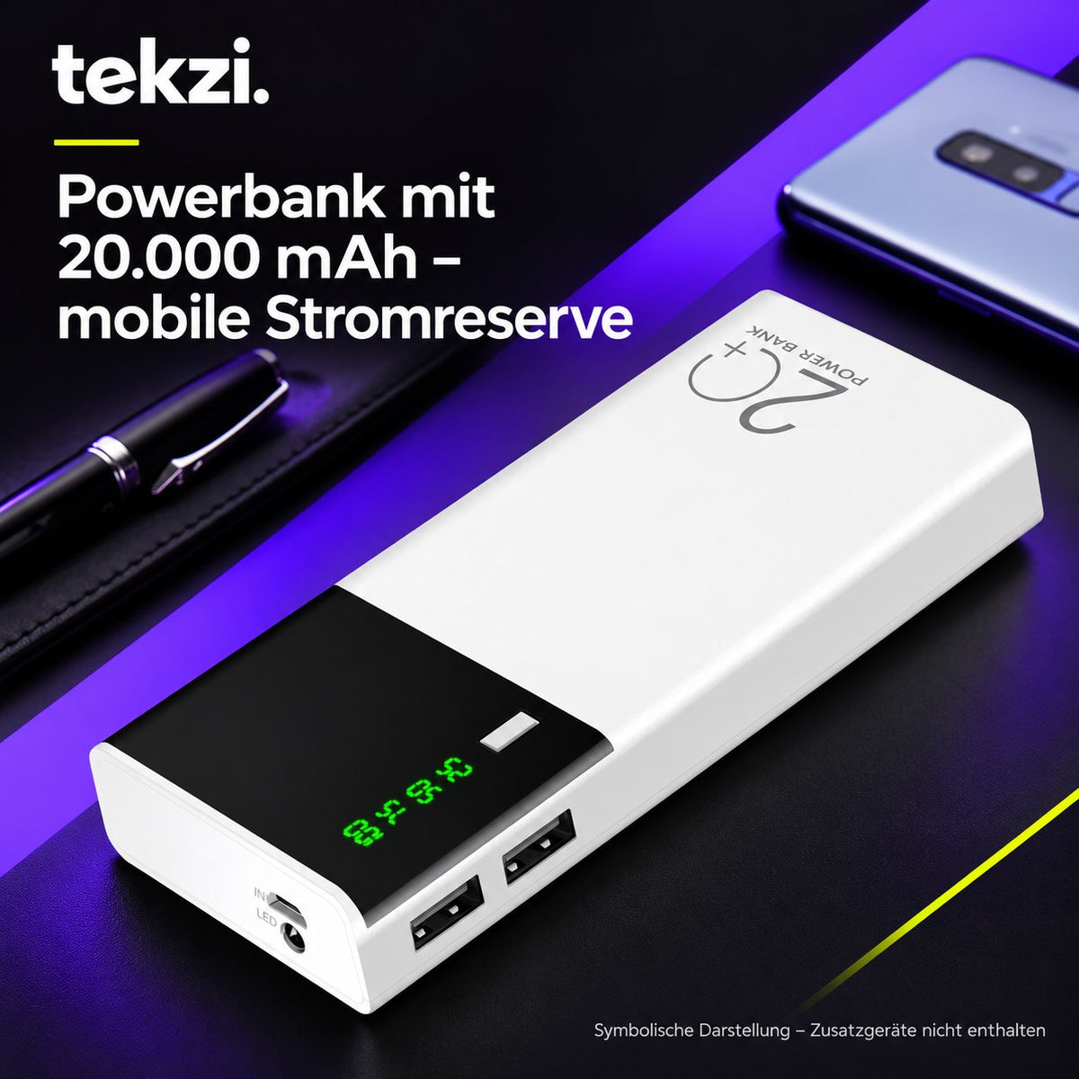 tekzi Powerbank mit 20.000 mAh – mobile Stromreserve – Ansicht 3 im TEKZI-Design