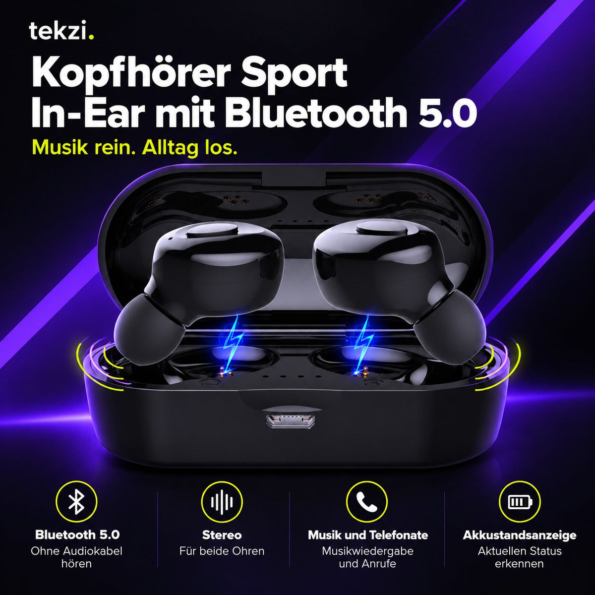 tekzi Kopfhörer Sport In-Ear mit Bluetooth 5.0 – Schwarz – Produktansicht 1 im TEKZI-Design