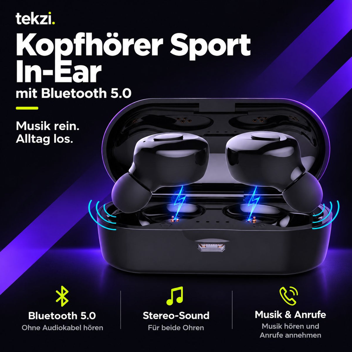 tekzi Kopfhörer Sport In-Ear mit Bluetooth 5.0 – Schwarz – Produktansicht 5 im TEKZI-Design