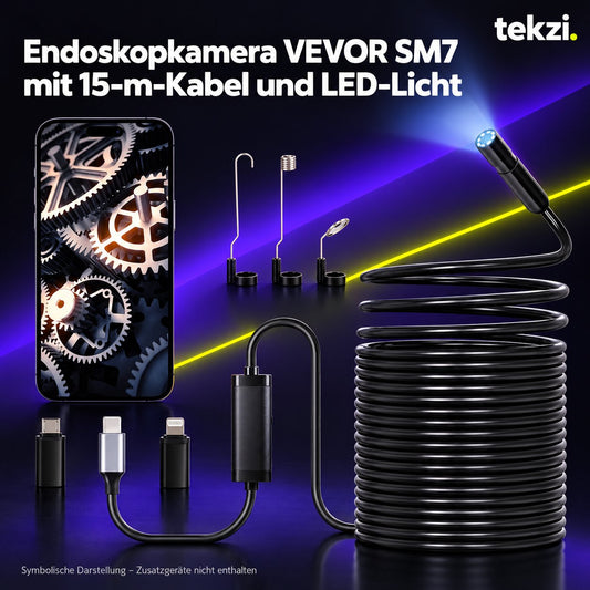 tekzi Endoskopkamera VEVOR SM7 mit 15-m-Kabel und LED-Licht – Ansicht 1 im TEKZI-Design