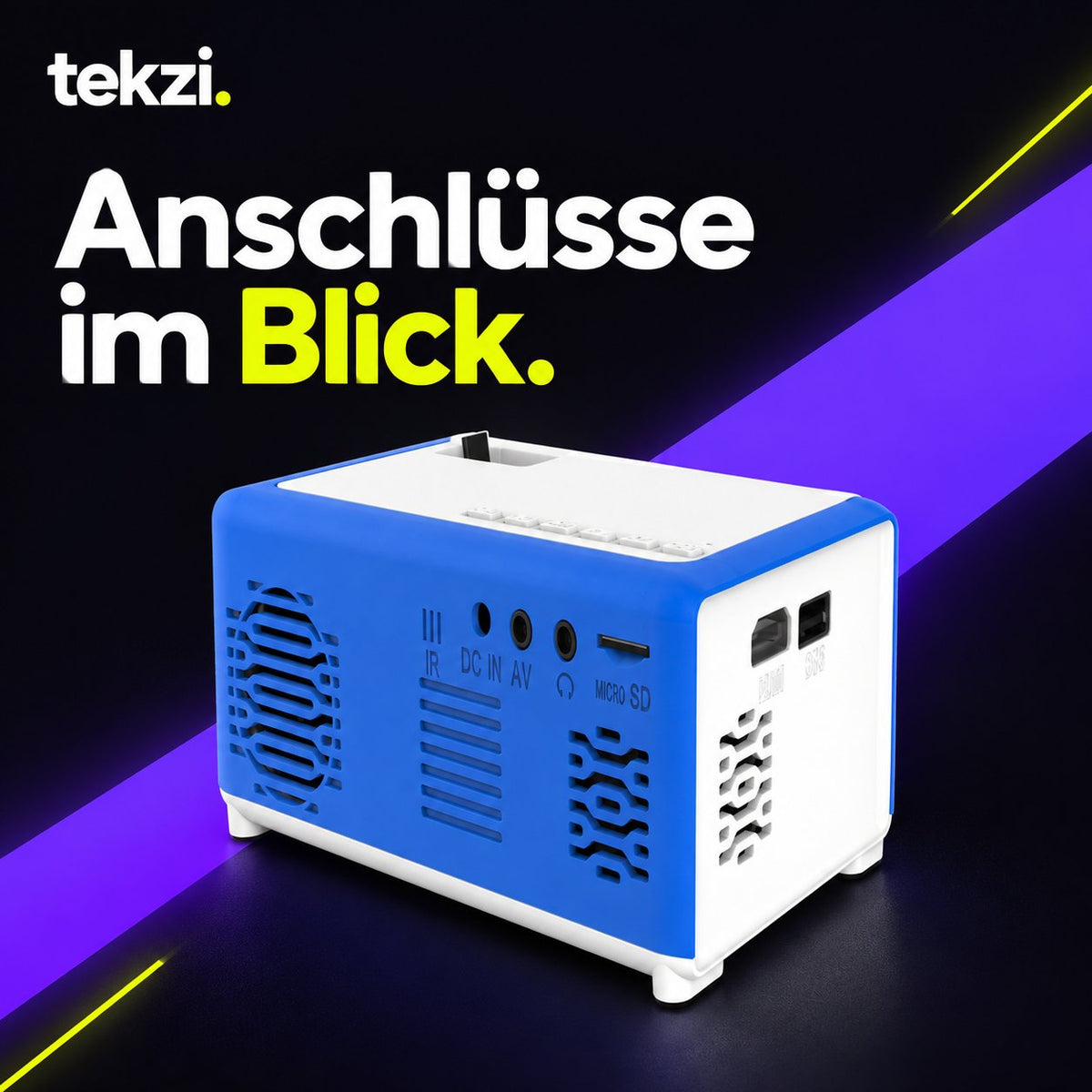 Blaue YG300-Rückseite mit Anschlussdetails – TEKZI