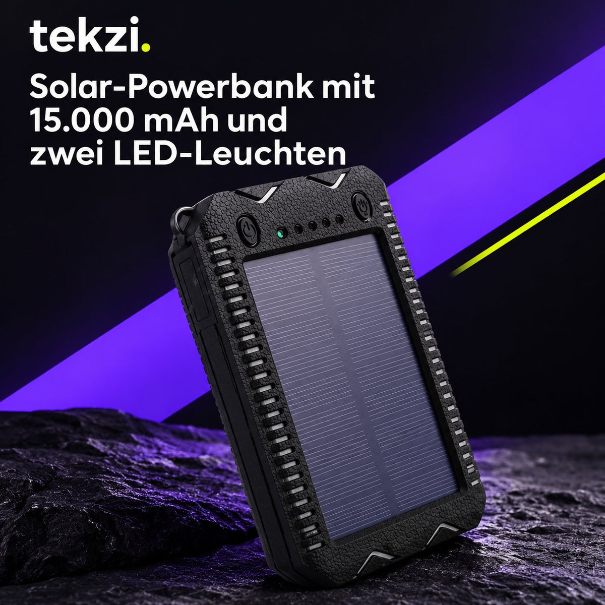 tekzi Solar-Powerbank mit 15.000 mAh und zwei LED-Leuchten – Ansicht 7 im TEKZI-Design