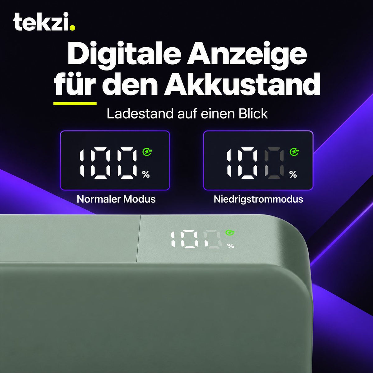 tekzi Powerbank mit 20.000 mAh, 90 W USB-C PD und Display – Produktansicht 4 im TEKZI-Design