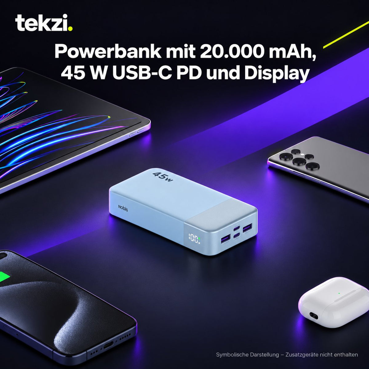 tekzi Powerbank mit 20.000 mAh, 45 W USB-C PD und Display – Ansicht 7 im TEKZI-Design