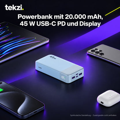 tekzi Powerbank mit 20.000 mAh, 45 W USB-C PD und Display – Ansicht 7 im TEKZI-Design