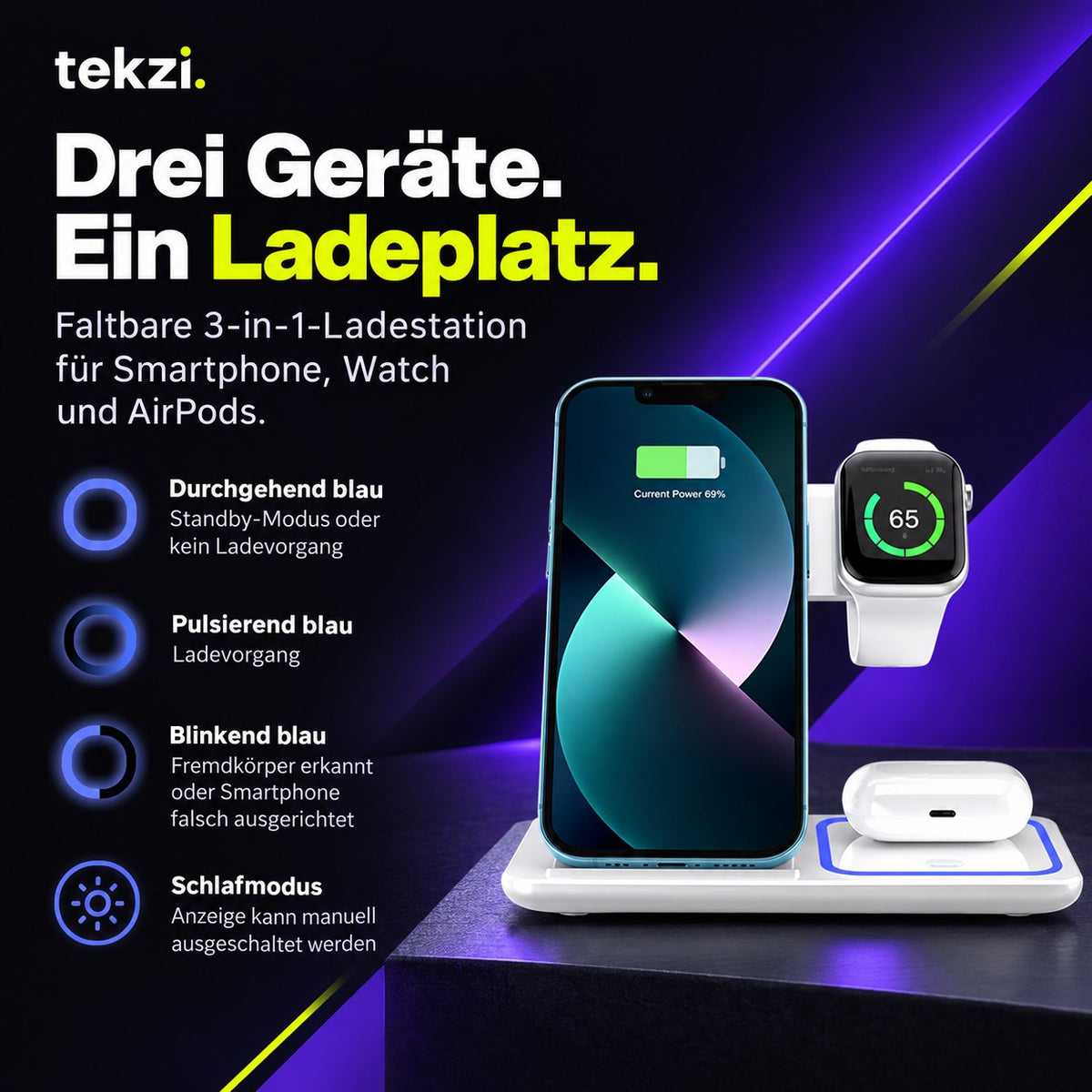 tekzi Ladestation 3-in-1 – faltbar für Smartphone, Watch und AirPods – Produktansicht 9 im TEKZI-Design