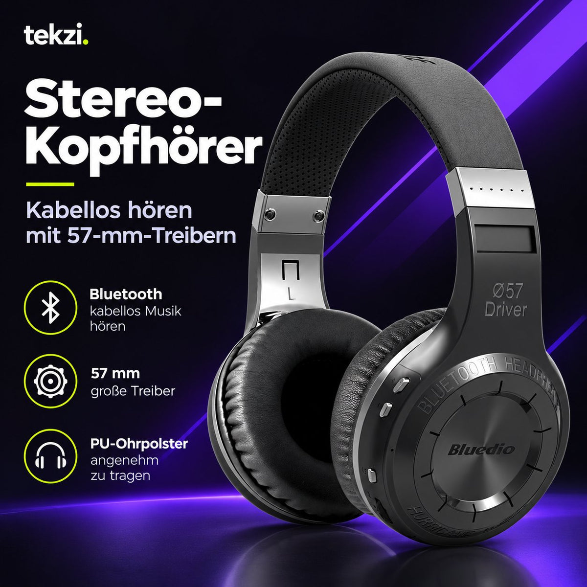 tekzi Kopfhörer Stereo mit 57-mm-Treibern – Weiß – Produktansicht 1 im TEKZI-Design