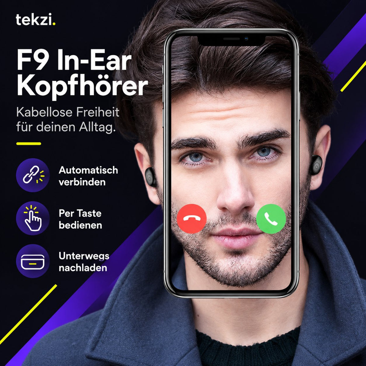 tekzi Kopfhörer F9 In-Ear mit Bluetooth und Ladecase – Schwarz – Produktansicht 4 im TEKZI-Design