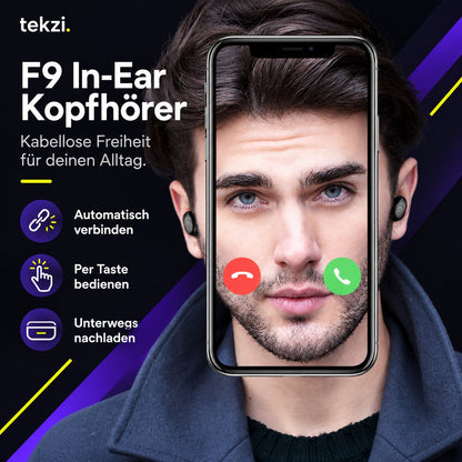 tekzi Kopfhörer F9 In-Ear mit Bluetooth und Ladecase – Schwarz – Produktansicht 4 im TEKZI-Design