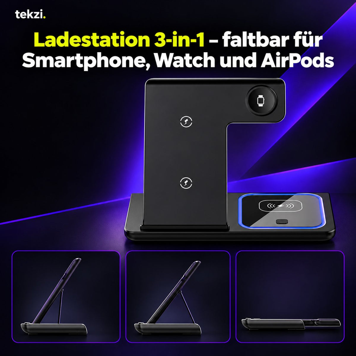 tekzi Ladestation 3-in-1 – faltbar für Smartphone, Watch und AirPods – Ansicht 5 im TEKZI-Design