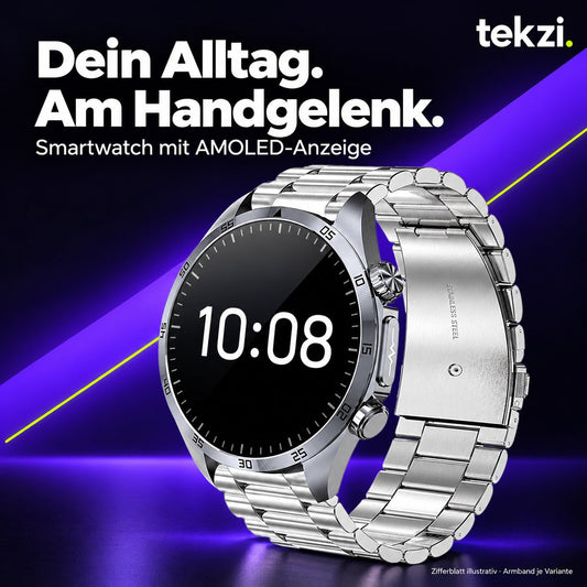 Silberfarbene Smartwatch mit AMOLED-Anzeige und Stahlarmband im TEKZI-Design – Zifferblatt illustrativ
