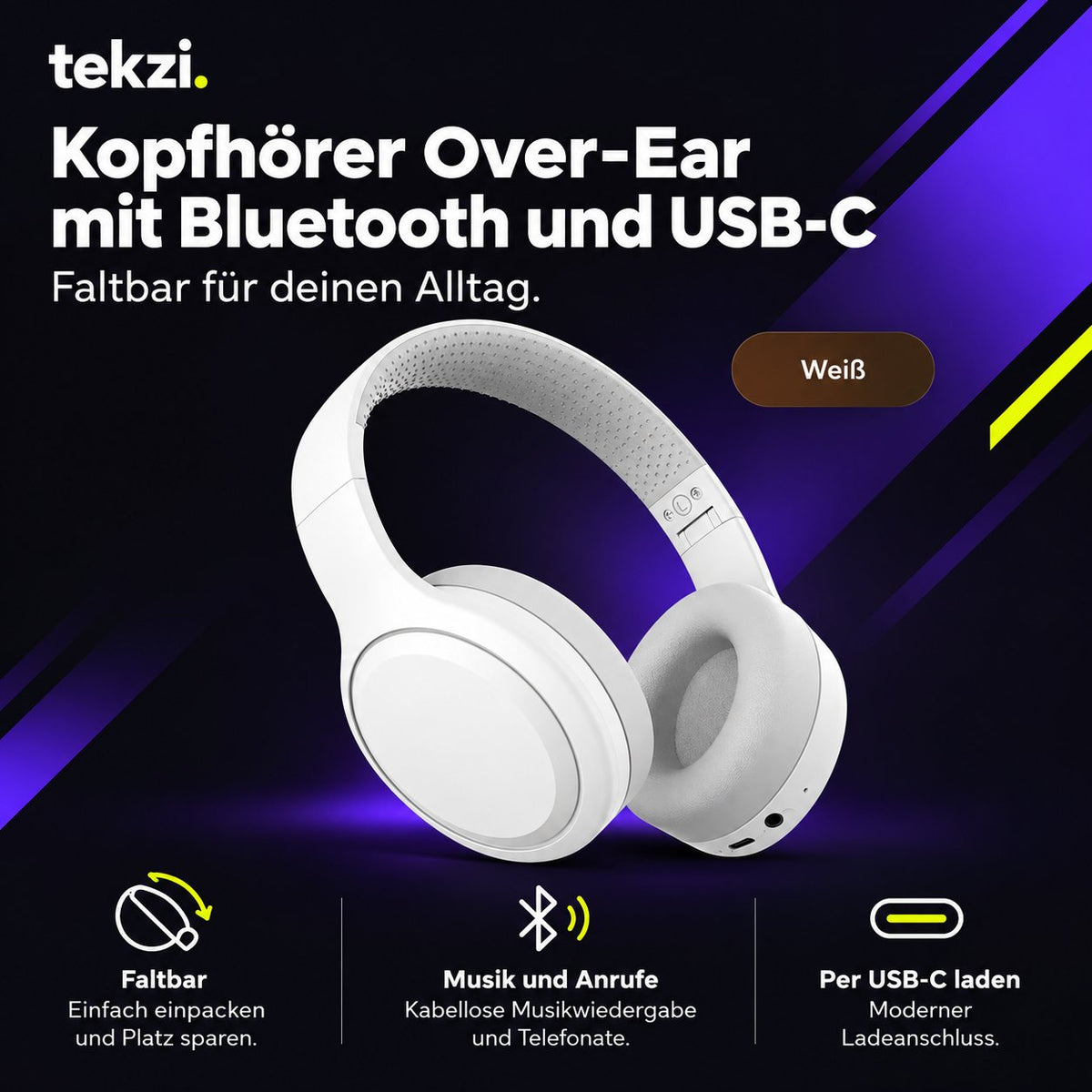 tekzi Kopfhörer Over-Ear mit Bluetooth und USB-C – faltbar – Produktansicht 3 im TEKZI-Design