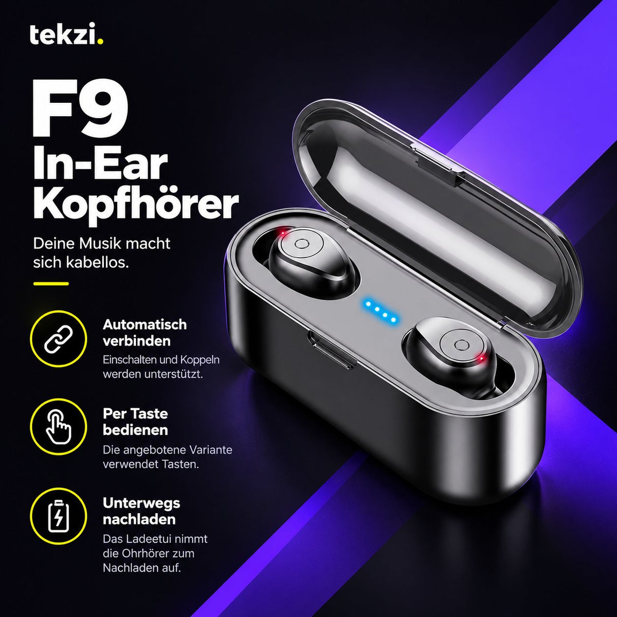 tekzi Kopfhörer F9 In-Ear mit Bluetooth und Ladecase – Schwarz – Produktansicht 1 im TEKZI-Design
