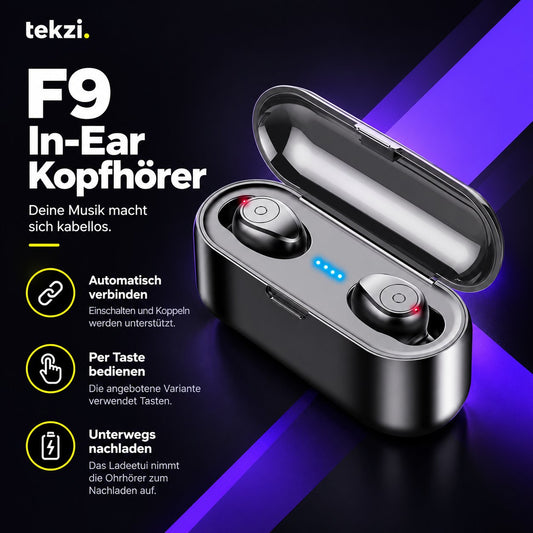 tekzi Kopfhörer F9 In-Ear mit Bluetooth und Ladecase – Schwarz – Produktansicht 1 im TEKZI-Design