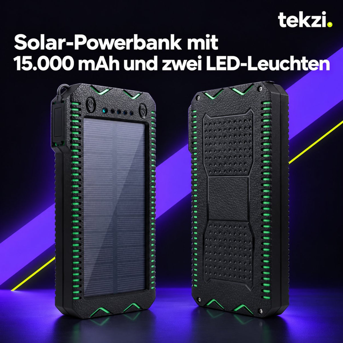 tekzi Solar-Powerbank mit 15.000 mAh und zwei LED-Leuchten – Ansicht 11 im TEKZI-Design