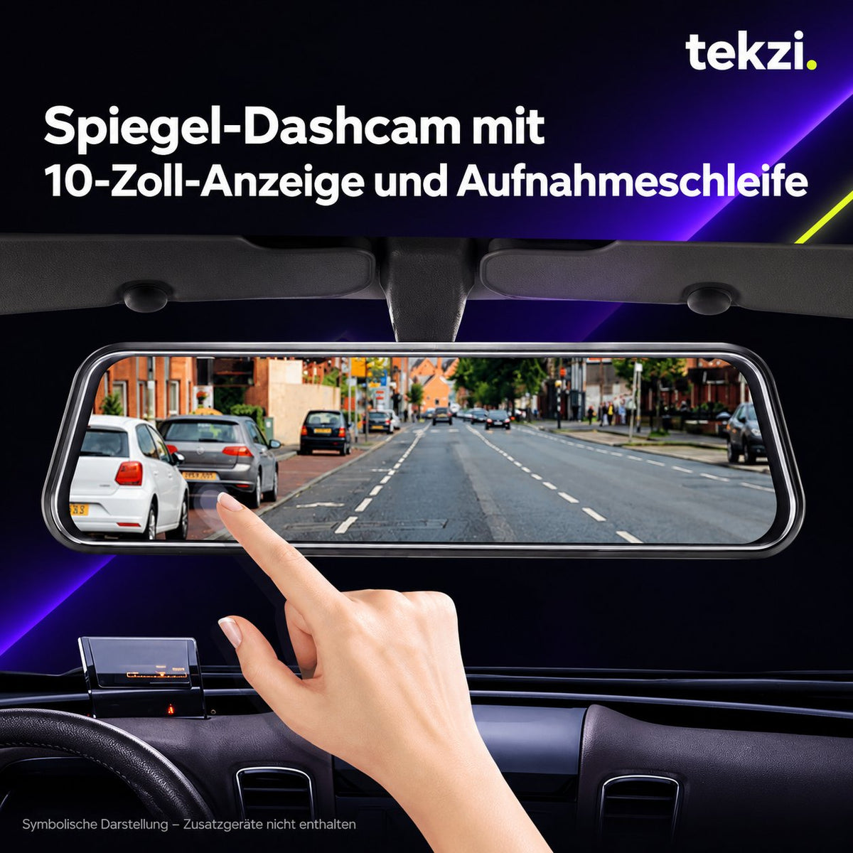tekzi Spiegel-Dashcam mit 10-Zoll-Anzeige und Aufnahmeschleife – Ansicht 2 im TEKZI-Design