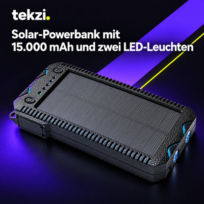 tekzi Solar-Powerbank mit 15.000 mAh und zwei LED-Leuchten – Ansicht 6 im TEKZI-Design