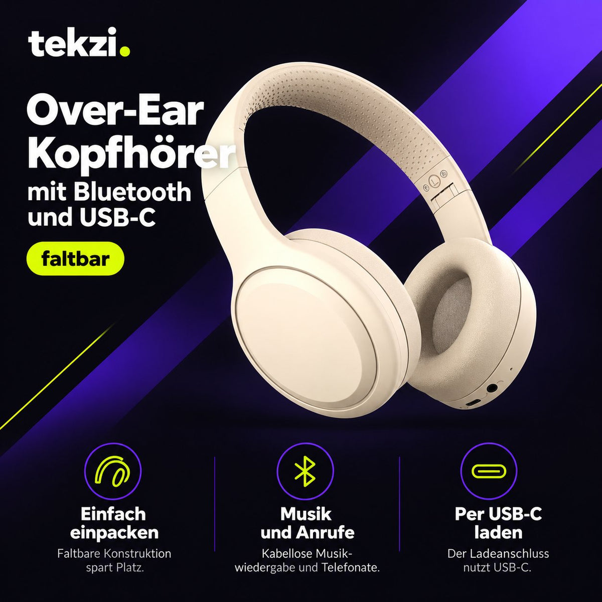 tekzi Kopfhörer Over-Ear mit Bluetooth und USB-C – faltbar – Produktansicht 5 im TEKZI-Design