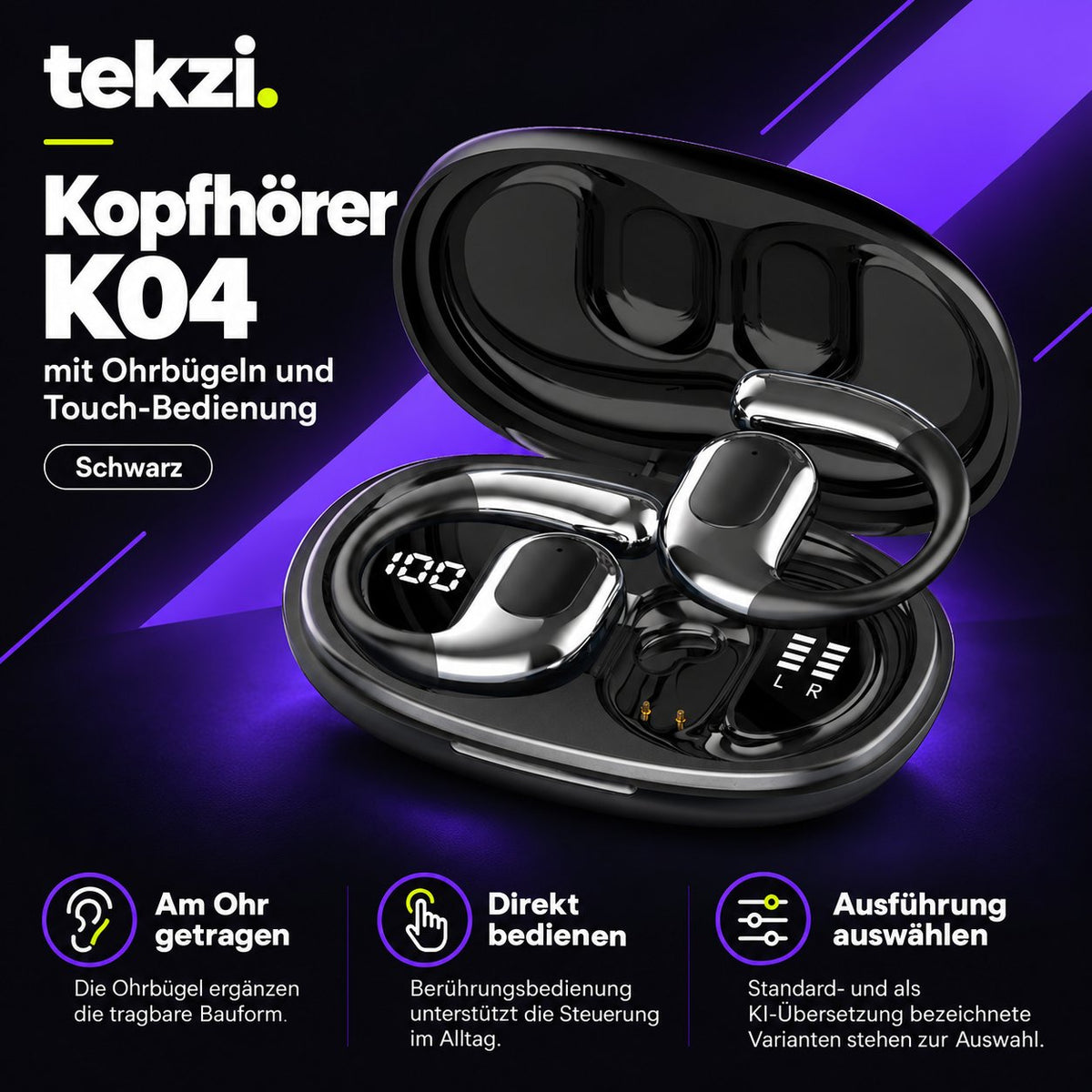 tekzi Kopfhörer K04 mit Ohrbügeln und Touch-Bedienung – Produktansicht 2 im TEKZI-Design