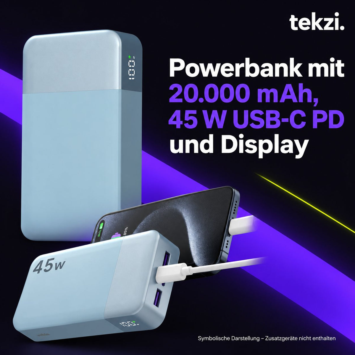 tekzi Powerbank mit 20.000 mAh, 45 W USB-C PD und Display – Ansicht 5 im TEKZI-Design