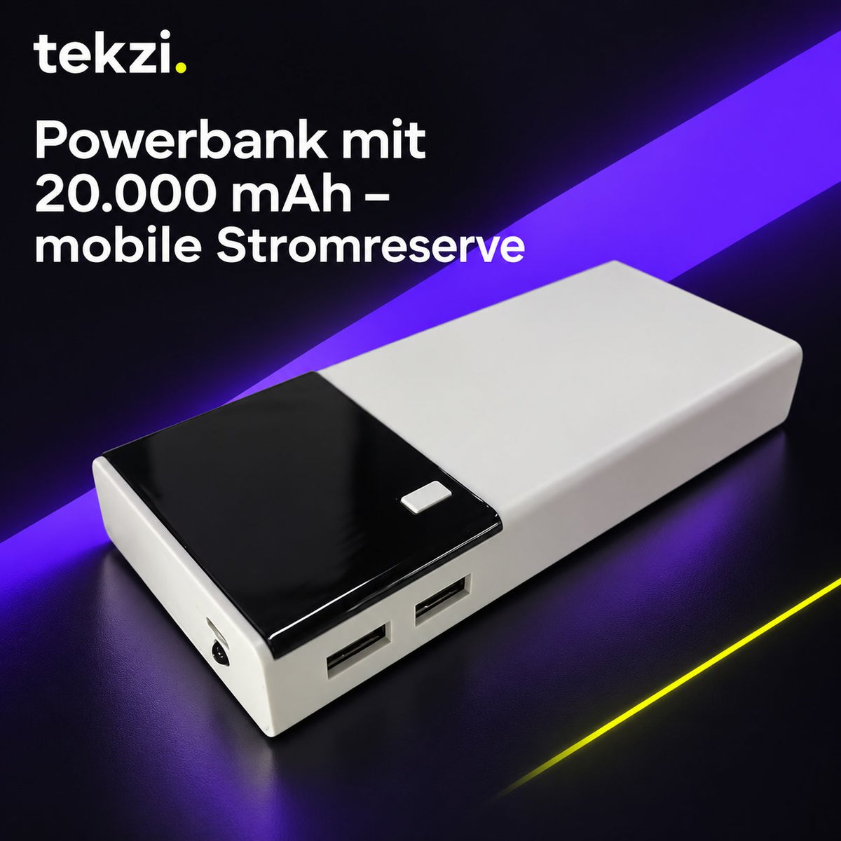 tekzi Powerbank mit 20.000 mAh – mobile Stromreserve – Ansicht 2 im TEKZI-Design