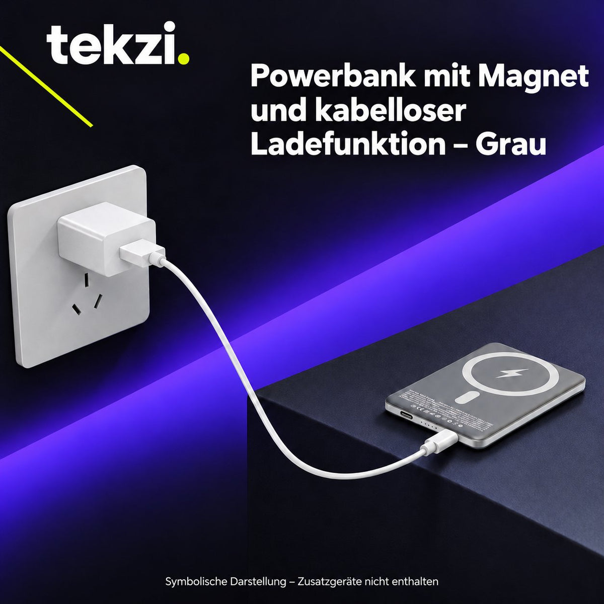 tekzi Powerbank mit Magnet und kabelloser Ladefunktion – Grau – Ansicht 6 im TEKZI-Design