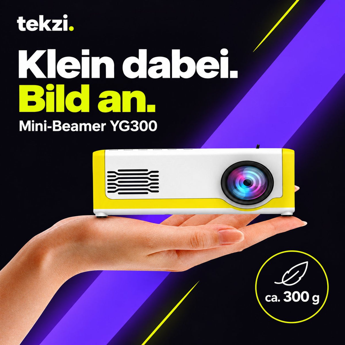 Mini-Beamer YG300 in Gelb auf einer Hand, rund 300 g – TEKZI