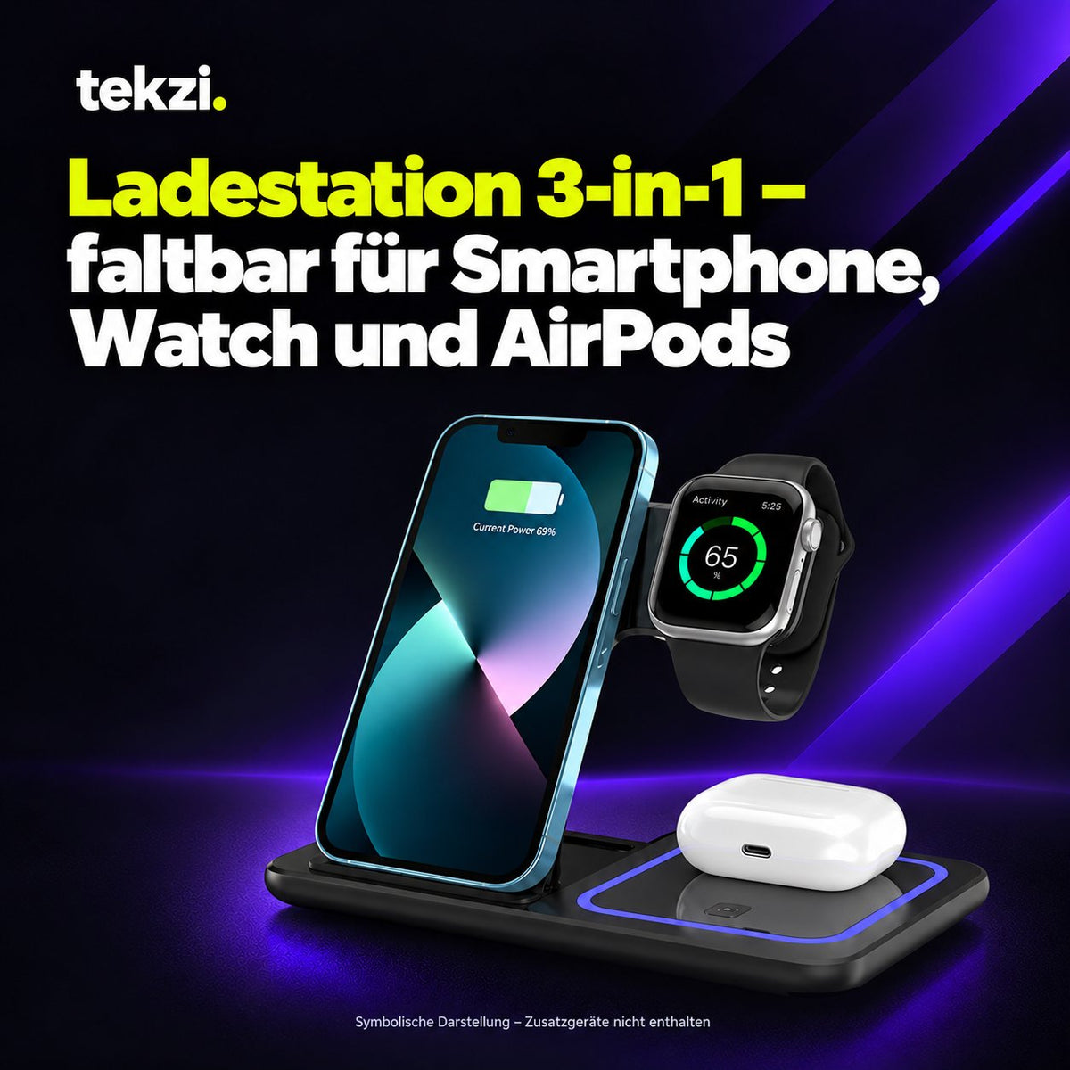 tekzi Ladestation 3-in-1 – faltbar für Smartphone, Watch und AirPods – Ansicht 1 im TEKZI-Design