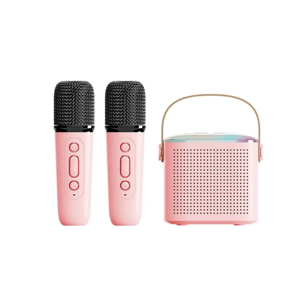 Rosa Karaoke-Lautsprecher Y1 mit zwei Funkmikrofonen im TEKZI-Design
