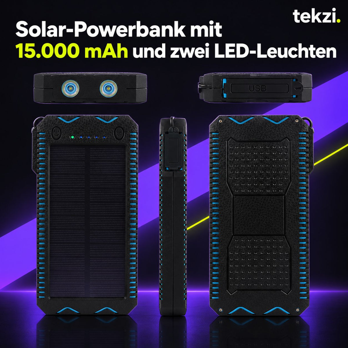 tekzi Solar-Powerbank mit 15.000 mAh und zwei LED-Leuchten – Ansicht 3 im TEKZI-Design